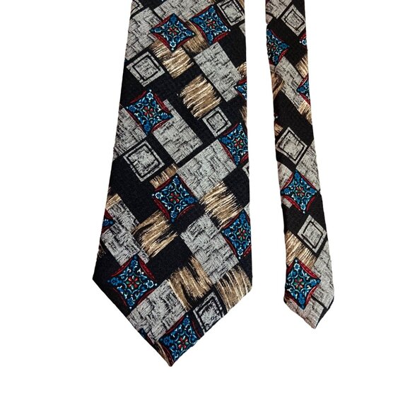 Reed James Mens Neck Tie Black White Blue Red Geometric - Picture 2 of 6